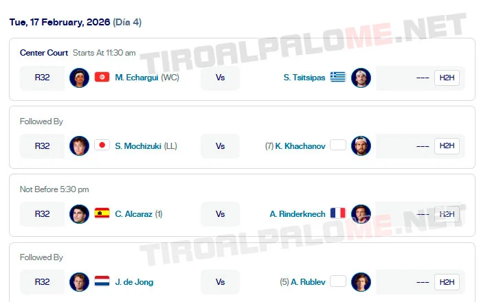 atp doha martes17 febrero partidos 2026 tiroalpalo